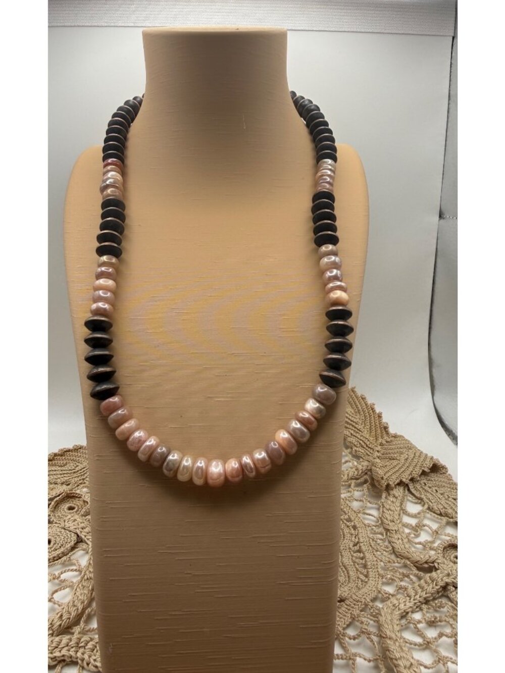 Artisan Peach Moonstone Statement Necklace Copper Saucers Rustic Boho Chic gift
